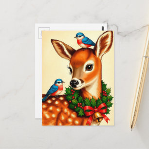 Carte Postale Faon de Noël vintage adorable