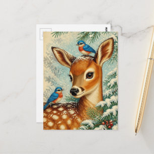 Carte Postale Faon de Noël vintage adorable et oiseaux mignons