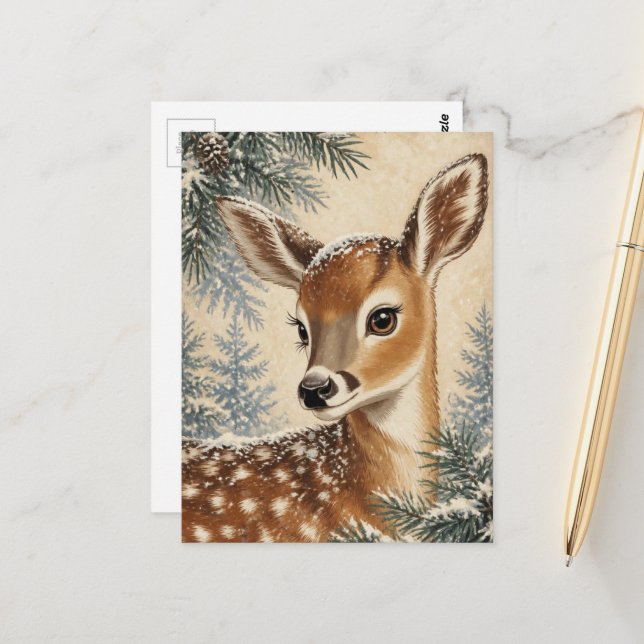 Carte Postale Faon hivernal adorable (Devant/Arrière en situation)