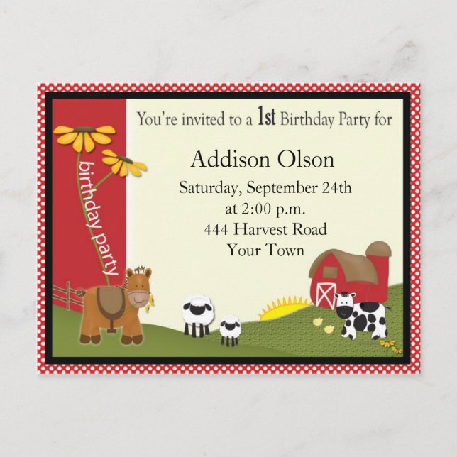 Carte Postale Farmer Baby Anniversaire Fête Invitation (Devant)