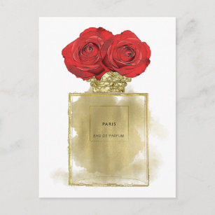 Carte Postale Fashion Florale Bouteille de parfum Roses rouges G