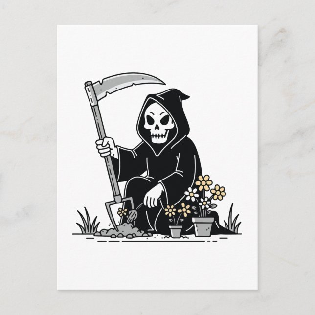 Carte Postale Faucheur Jardinant des Fleurs (Devant)