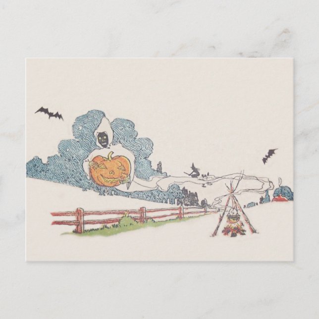 Carte Postale Faucheuse Citrouille Chauve-souris Feu de camp (Devant)