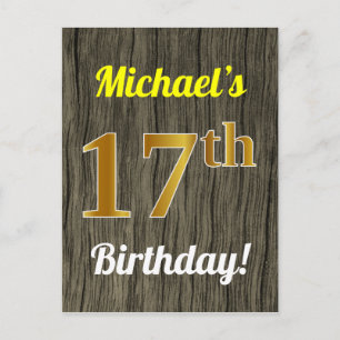 Carte Postale Faux Bois, Faux Or 17e Anniversaire & Nom Personna