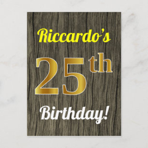 Carte Postale Faux Bois, Faux Or 25e Anniversaire & Nom Personna