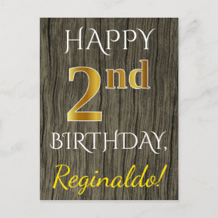 Carte Postale Faux Bois, Faux Or 2e Anniversaire + Nom Personnal