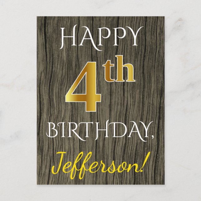 Carte Postale Faux Bois, Faux Or 4e Anniversaire + Nom personnal (Devant)