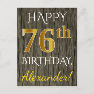 Carte Postale Faux Bois, Faux Or 76e Anniversaire + Nom Personna
