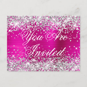 Carte Postale Faux carton d'invitation d'anniversaire rose vif p
