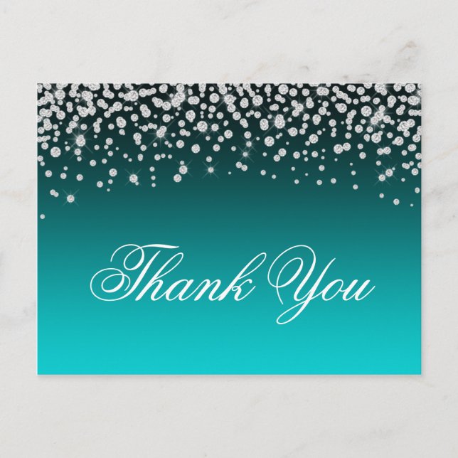 Carte Postale Faux Diamants Teal et Turquoise Ombre Merci (Devant)