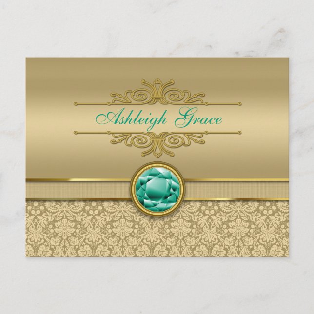 Carte Postale Faux Emerald Gemstone Metally Shiny Gold Damask (Devant)
