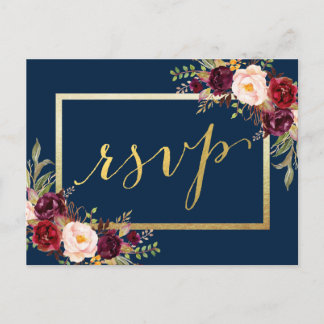 Carte Postale Faux Gold Foil Bourgogne Floral Navy Wedding RSVP