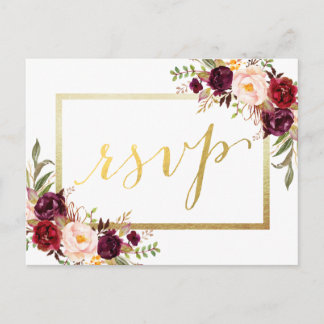 Carte Postale Faux Gold Foil Bourgogne Floral Wedding RSVP