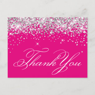 Carte Postale Faux Pailleté Argenté Paillettes Rose Chaud Merci