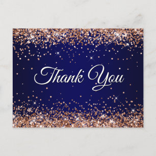 Carte Postale Faux Pailleté Rose Gold Paillettes Bleu Nuit Merci
