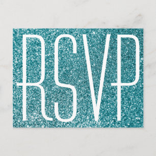 Carte Postale Faux Pailleté Sarcelle et RSVP Blanc