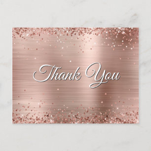 Carte Postale Faux rose gold pailleté remerciement en feuille