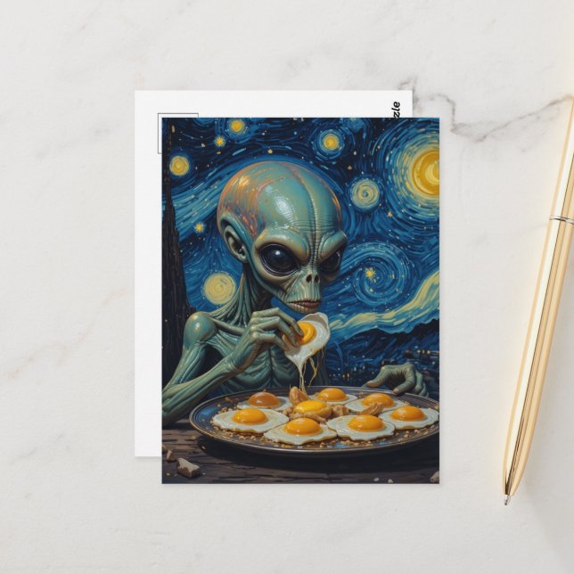 Carte Postale Faux Van Gogh Alien Bleu Mangeant des Œufs Frits  (Devant/Arrière en situation)