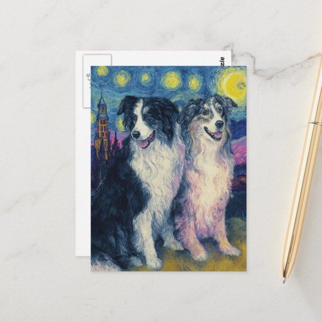Carte Postale Faux Van Gogh Border Collies (Devant/Arrière en situation)