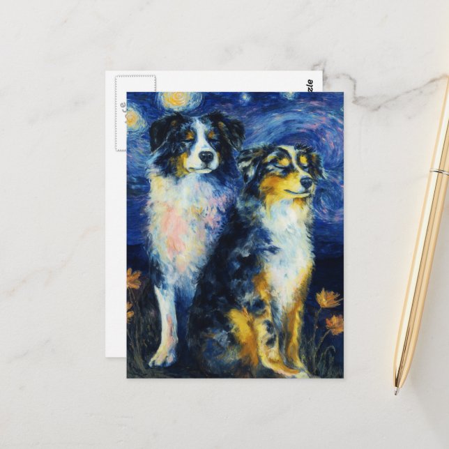 Carte Postale Faux Van Gogh Deux bergers australiens (Devant/Arrière en situation)