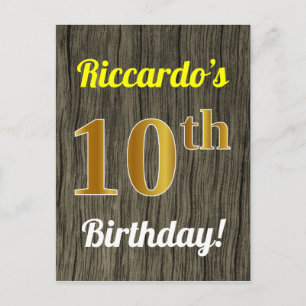 Carte Postale Faux Wood, Faux Gold 10th Birthday & Custom Name