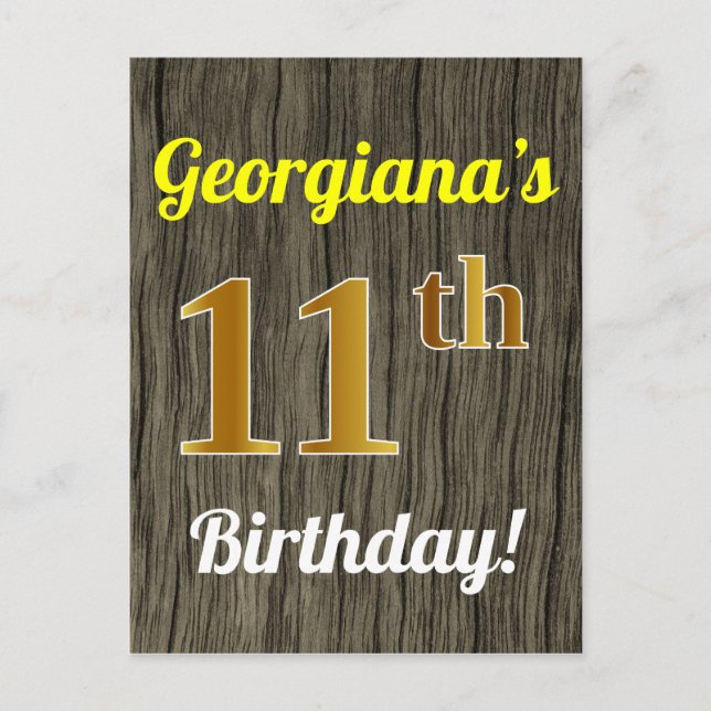 Carte Postale Faux Wood, Faux Gold 11e Anniversaire & Nom person (Devant)