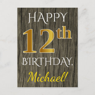 Carte Postale Faux Wood, Faux Gold 12e anniversaire + Nom person