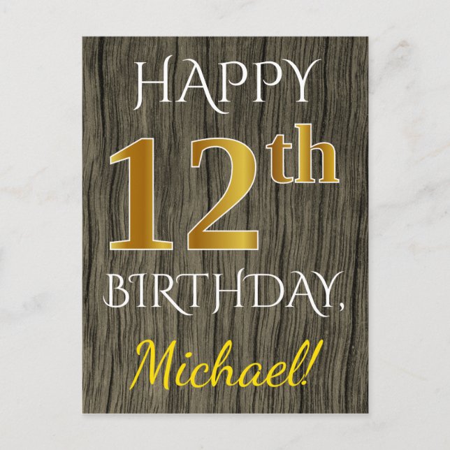 Carte Postale Faux Wood, Faux Gold 12e anniversaire + Nom person (Devant)