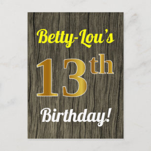 Carte Postale Faux Wood, Faux Gold 13e anniversaire & Nom person