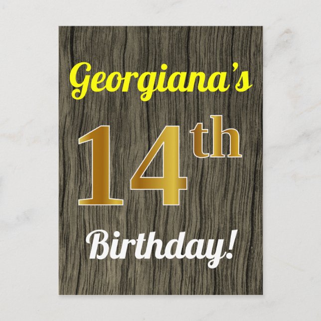 Carte Postale Faux Wood, Faux Gold 14th Birthday & Custom Name (Devant)