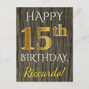 Carte Postale Faux Wood, Faux Gold 15e anniversaire + Nom person