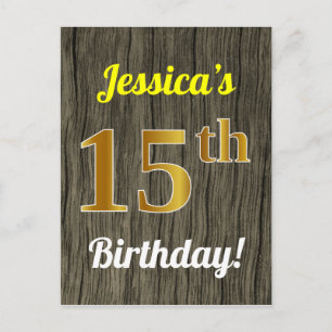 Carte Postale Faux Wood, Faux Gold 15th Birthday & Custom Name