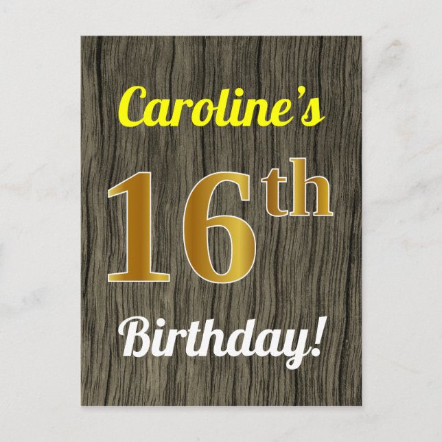 Carte Postale Faux Wood, Faux Gold 16e anniversaire & Nom person (Devant)