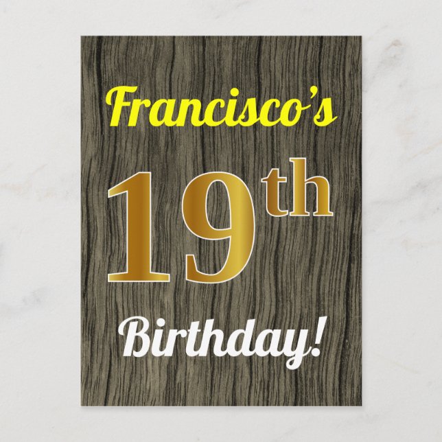 Carte Postale Faux Wood, Faux Gold 19e anniversaire & Nom person (Devant)