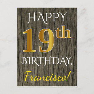 Carte Postale Faux Wood, Faux Gold 19e anniversaire + Nom person