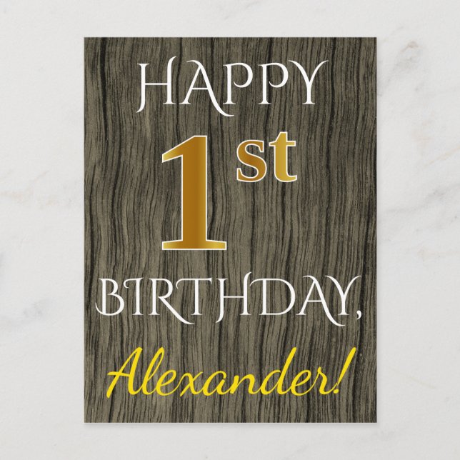 Carte Postale Faux Wood, Faux Gold 1er Anniversaire + Nom person (Devant)