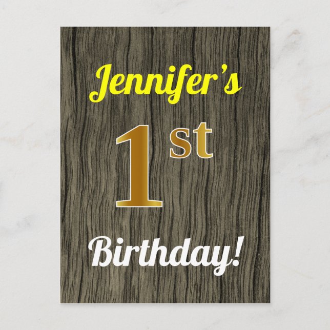 Carte Postale Faux Wood, Faux Gold 1er Anniversaire & Nom person (Devant)