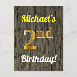 Carte Postale Faux Wood, Faux Gold 2e Anniversaire & Nom personn