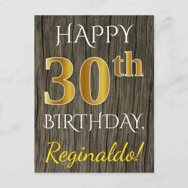 Carte Postale Faux Wood, Faux Gold 30e anniversaire + Nom person (Devant)
