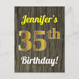 Carte Postale Faux Wood, Faux Gold 35th Birthday & Custom Name