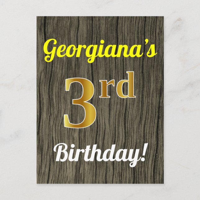 Carte Postale Faux Wood, Faux Gold 3e anniversaire et nom person (Devant)