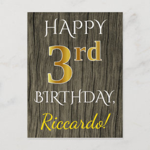 Carte Postale Faux Wood, Faux Gold 3e anniversaire + Nom personn
