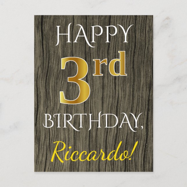 Carte Postale Faux Wood, Faux Gold 3e anniversaire + Nom personn (Devant)