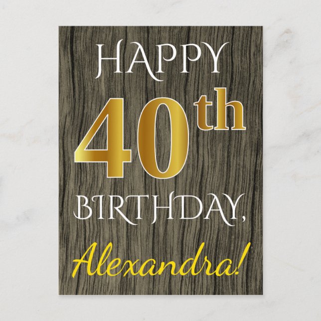Carte Postale Faux Wood, Faux Gold 40e anniversaire + Nom person (Devant)