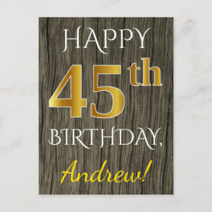 Carte Postale Faux Wood, Faux Gold 45e anniversaire + Nom person