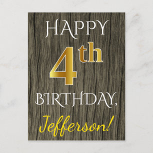 Carte Postale Faux Wood, Faux Gold 4e anniversaire + Nom personn
