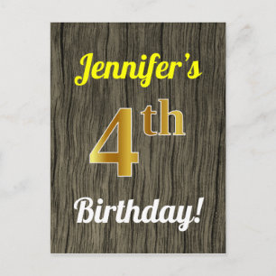 Carte Postale Faux Wood, Faux Gold 4th Birday & Custom Name