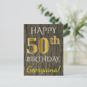 Carte Postale Faux Wood, Faux Gold 50e anniversaire + Nom person (Debout devant)