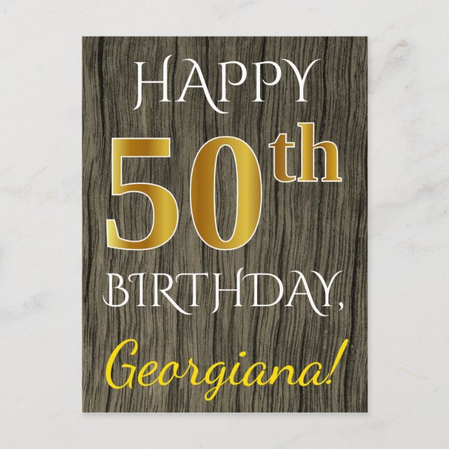 Carte Postale Faux Wood, Faux Gold 50e anniversaire + Nom person (Devant)