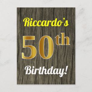 Carte Postale Faux Wood, Faux Gold 50th Birthday & Custom Name